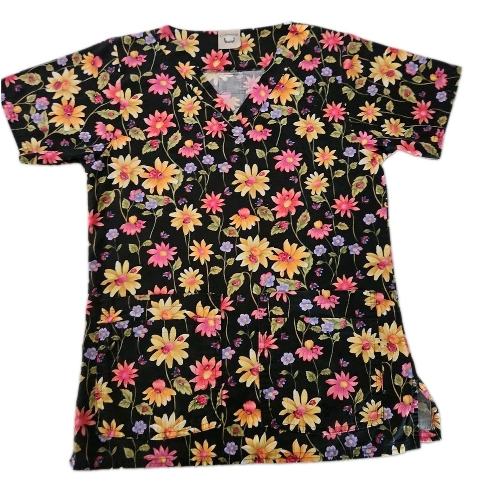 Fall/autumn Flowers Ladybugs 100% Cotton Scrub Top Cottonality 36in Bust XS